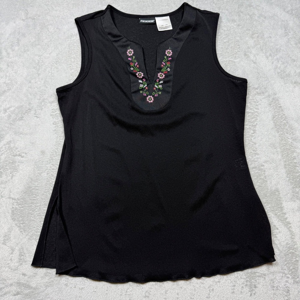 Vintage 90s Joe Boxer Black Sleeveless Embroidered Boho Top Size L Summer Cool